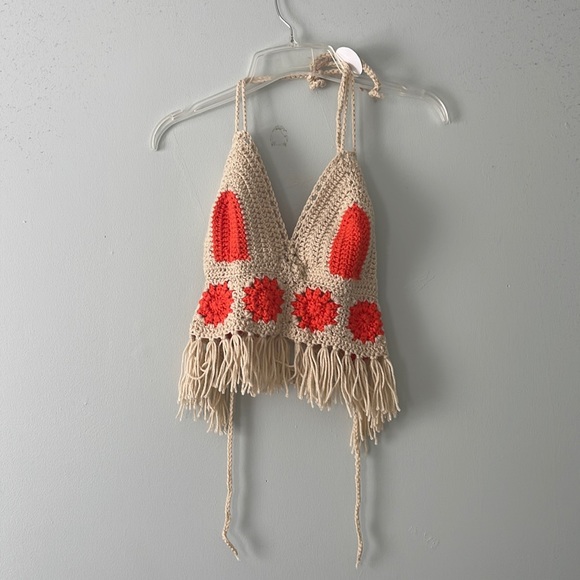 Tops - 🌿 Crochet Knit Festive Crop Halter Top with Fringe, NWT